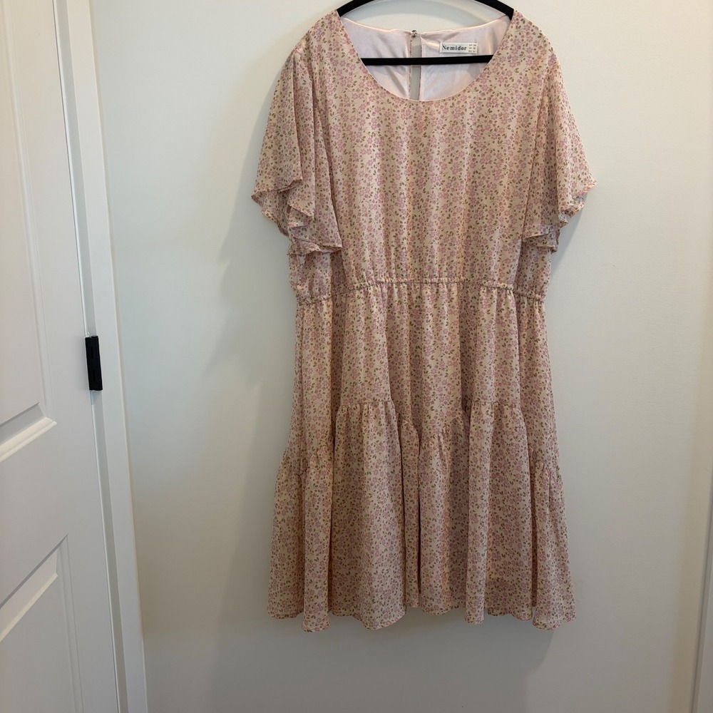 Nemidor‎ Womens Plus Size 20 Floral Tiered Flutter Sleeve Dress Pink